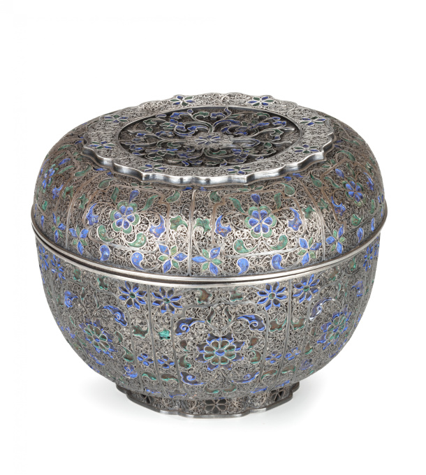 A LARGE INDONESIAN ENAMELLED SILVER FILIGREE BASKET AND COVER by Unknown Artist