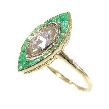 Art Deco Vintage engagement ring large marquise rose cut diamond and emeralds by Artista Desconocido