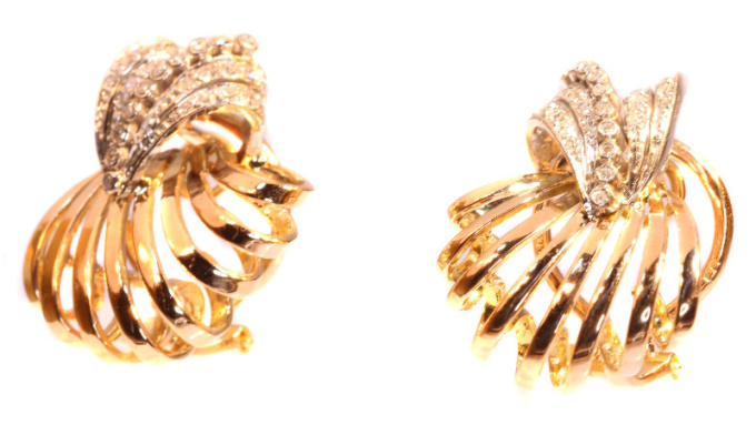 Enchanting Vintage Fifties Diamond Ear Clips Pink Gold And Platinum by Onbekende Kunstenaar