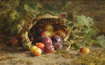 Still life with prunes on a forest ground by Geradina Jacoba van de Sande Bakhuyzen