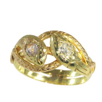 Vintage antique 18K gold double headed diamond snake ring by Onbekende Kunstenaar