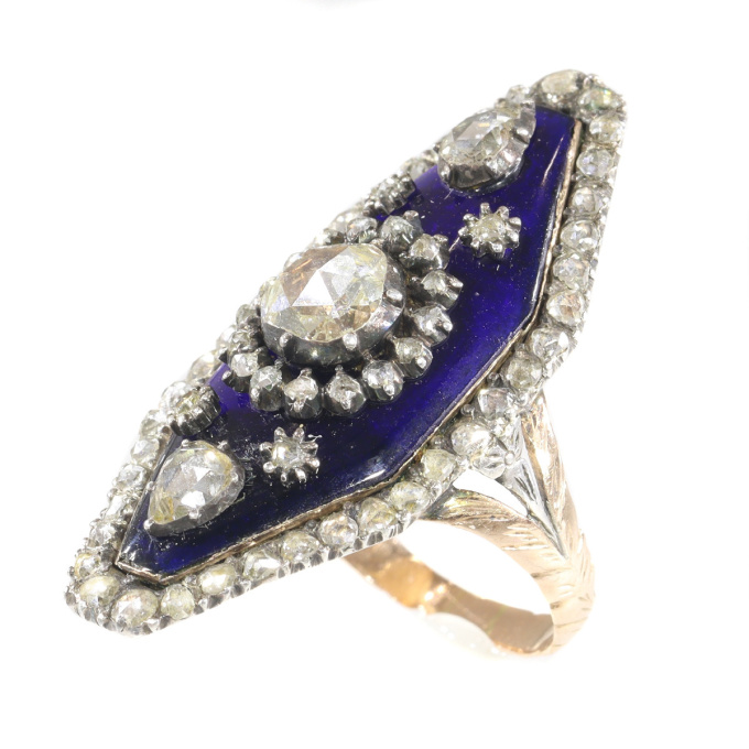 Magnificent Victorian rose cut diamond ring with blue enamel by Onbekende Kunstenaar