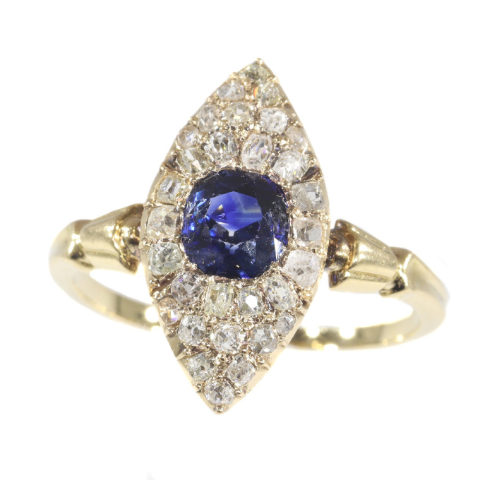 Early Victorian diamond and natural vivid blue sapphire engagement ring by Artista Desconhecido