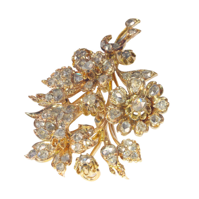 Vintage antique Victorian 18K gold diamond loaded flower branch brooch by Onbekende Kunstenaar