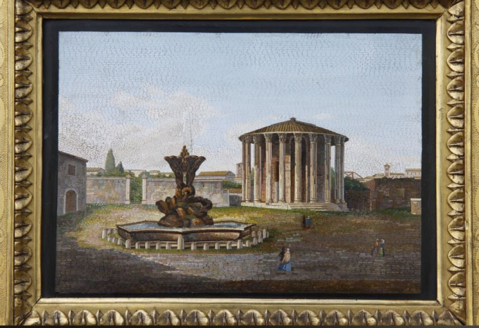Micromosaic in gilded wooden frame, depicting the Forum Boarium in Rome, nowadays the Piazza della B by Onbekende Kunstenaar