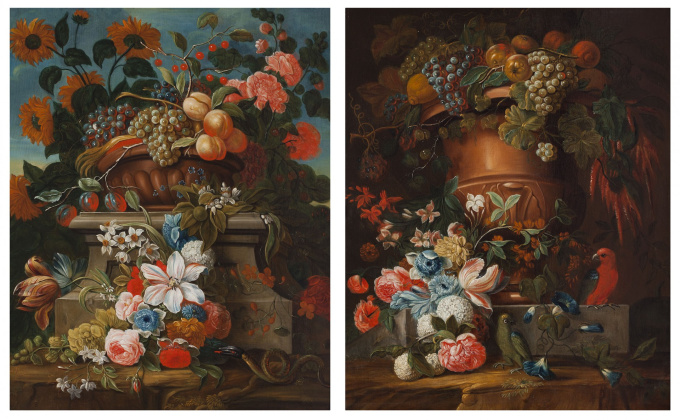 Pair of Flower Still lifes by Onbekende Kunstenaar