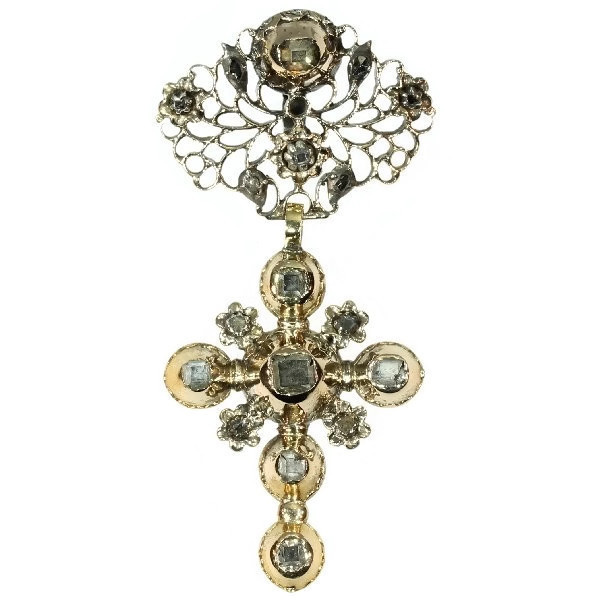 Solid gold mid 18th century cross with table cut rose cut diamonds by Artiste Inconnu