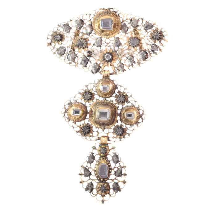 18th Century filigree gold cross pendant table cut diamonds called A la Jeanette by Artista Desconhecido