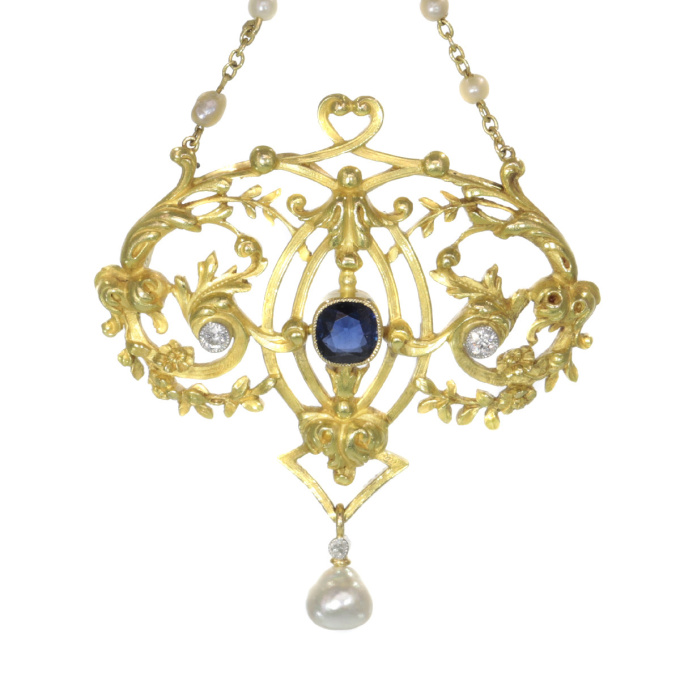 Late Victorian French gold pendant on chain with diamonds sapphires and pearls by Artista Desconhecido