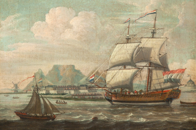 Arrival of a Dutch East Indiaman in Table bay  (DUTCH SCHOOL 18TH CENTURY)   by Artiste Inconnu