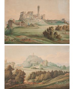 Pair of Gouaches on Paper - View of Frankenstein Castle - Landscape in Königstein by Artiste Inconnu