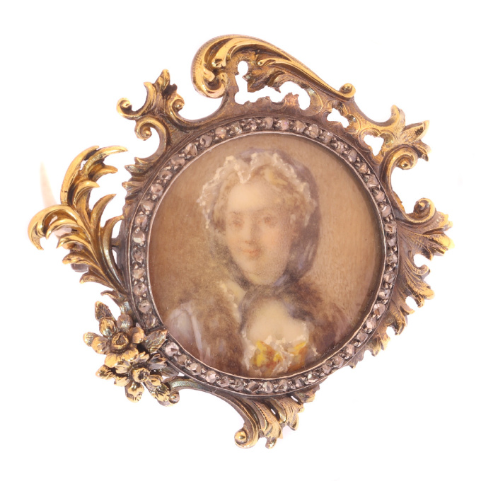 French Victorian brooch painted miniature of Madame de Pompadour in diamond mounted gold frame by Unknown Artist