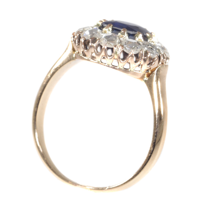 Victorian antique engagement ring with natural sapphire and ten rose cut diamonds by Artista Sconosciuto