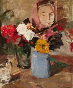 Two vases with flowers and a portrait by Coba Ritsema