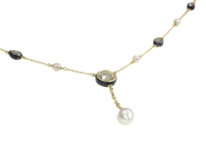 Antique 19th Century large diamond and large natural pearl necklace by Onbekende Kunstenaar