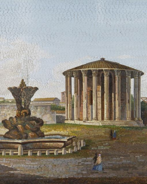 Micromosaic in gilded wooden frame, depicting the Forum Boarium in Rome, nowadays the Piazza della B by Onbekende Kunstenaar