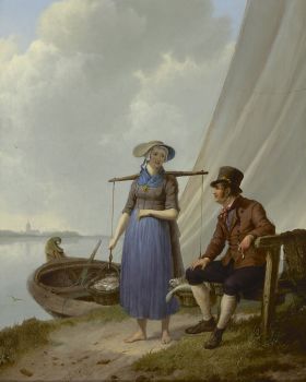 A fisherman and woman, chatting by Johannes Hermanus Koekkoek