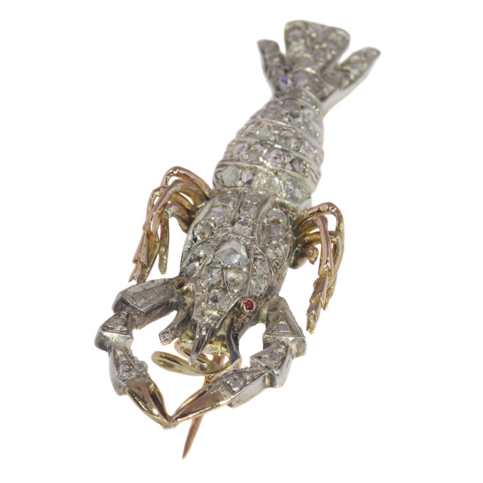 Antique gold and silver crayfish brooch fully embelished with rose cut diamonds by Artista Desconhecido