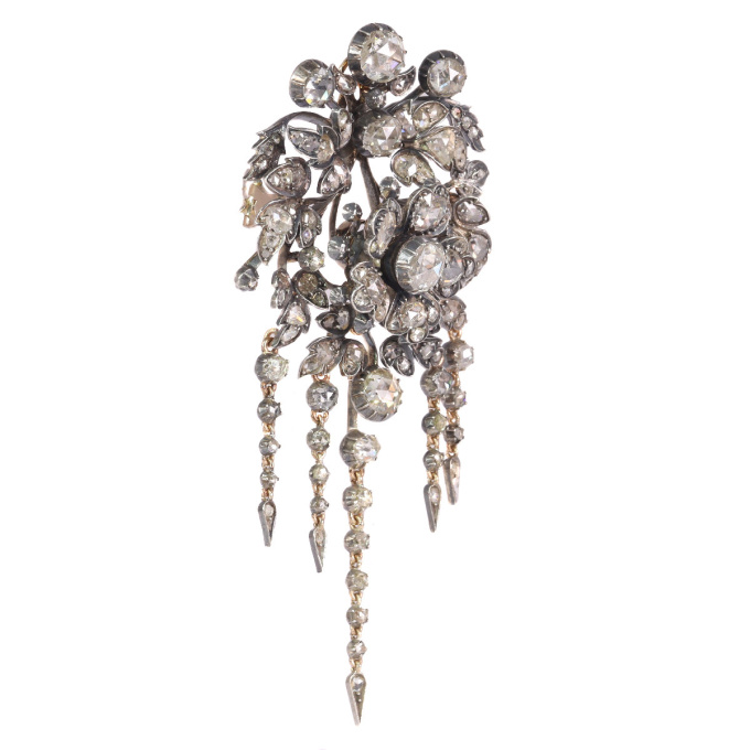 Impressive antique flower brooch trembleuse corsage fully embellished with high quality rose cut diamonds by Artista Sconosciuto