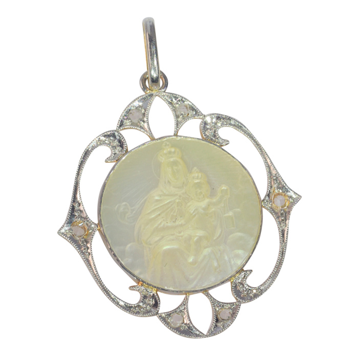 Vintage Belle Epoque - Art Deco diamond Mother Mary and baby Jesus medal by Artista Sconosciuto