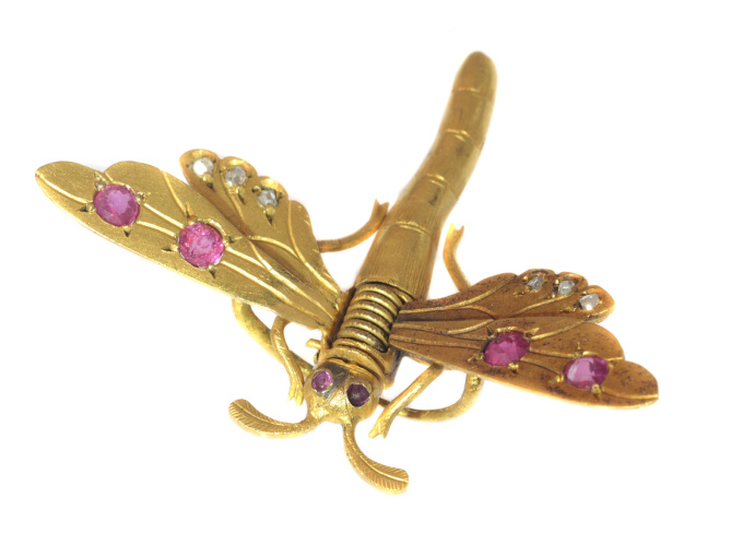Antique Victorian hair clip brooch 18K gold dragonfly rose cut diamonds rubies by Unbekannter Künstler
