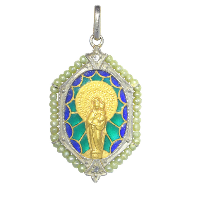 Vintage antique 18K gold Mother Maria and baby Jesus medal with diamonds and plique-a-jour enamel by Unbekannter Künstler