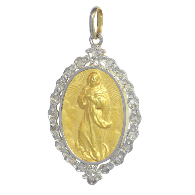 Vintage 1910's Belle Epoque diamond Mother Mary pendant medal by Artiste Inconnu