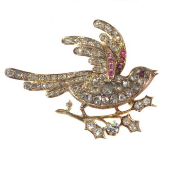Vintage antique Victorian gold bird of paradise brooch set with 81 diamonds by Unknown Artist