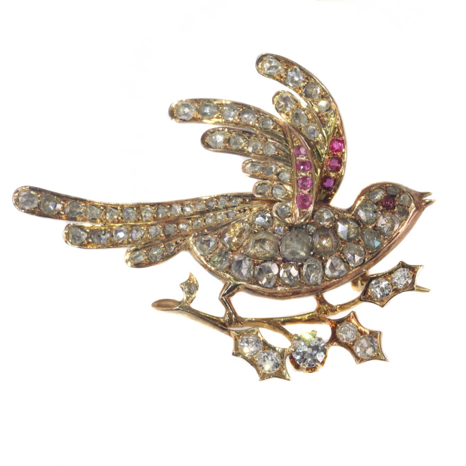 Vintage antique Victorian gold bird of paradise brooch set with 81 diamonds by Onbekende Kunstenaar