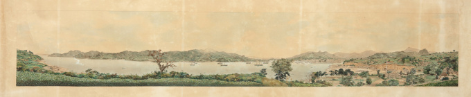 Large panoramic painting of the bay of Nagasaki by Artista Sconosciuto