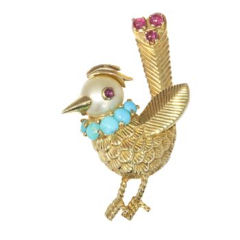 Vintage fanciful Fifties gold bejeweled bird brooch by Unknown Artist