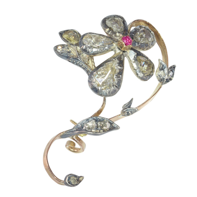 Vintage antique Victorian flower branch brooch set with large pear shaped rose cut diamonds by Artista Sconosciuto