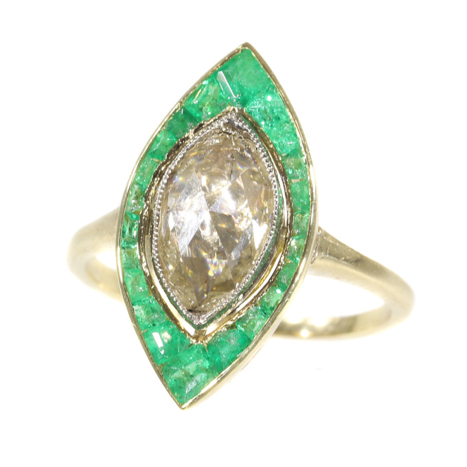 Art Deco Vintage engagement ring large marquise rose cut diamond and emeralds by Artista Desconhecido