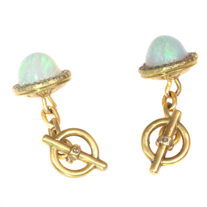 Late Victorian cufflinks 18K gold diamond and high domed opals by Artiste Inconnu