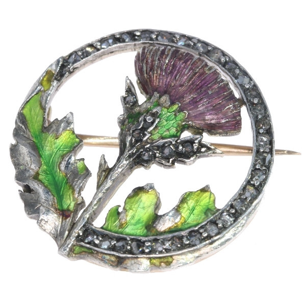 Late Victorian early Art Nouveau enameled thistle brooch with rose cut diamonds by Artiste Inconnu