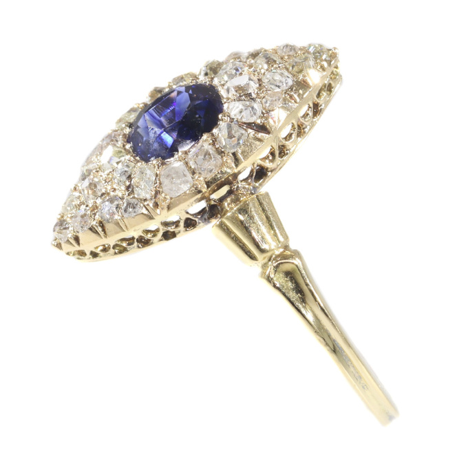 Early Victorian diamond and natural vivid blue sapphire engagement ring by Artiste Inconnu