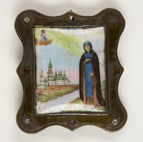 Antique Russian enamelled pilgrims icon by Onbekende Kunstenaar