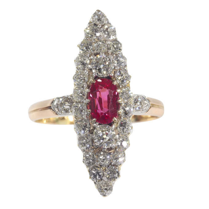 Antique Victorian diamond ring with lovely untreated high quality ruby by Artista Sconosciuto
