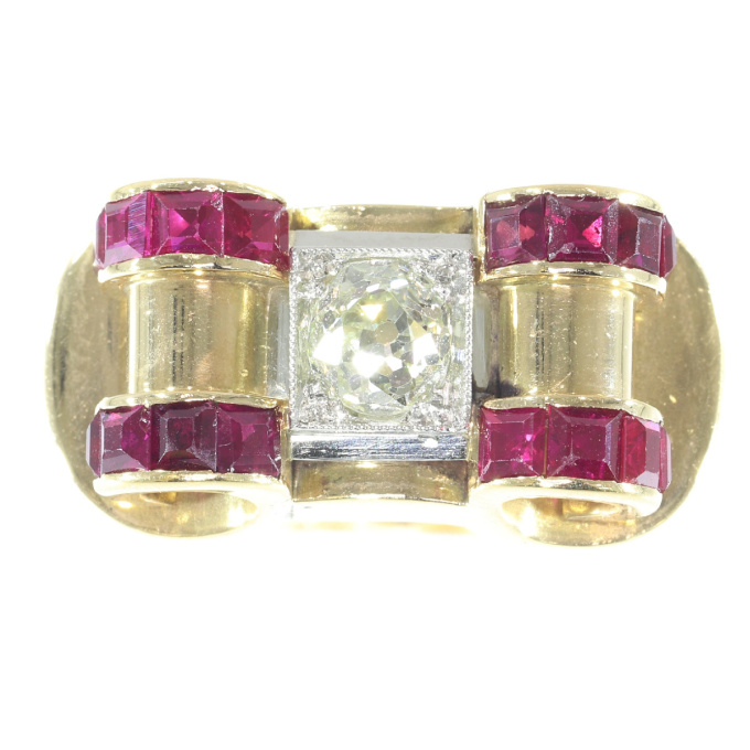 Impressive Retro ring with big old brilliant cut diamond and carre rubies by Artista Sconosciuto