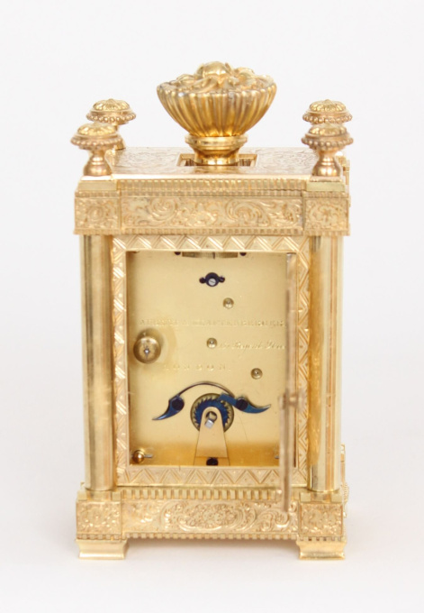 An unusual English engraved gilt brass travel clock, Aubert & Klaftenberger, circa 1860. by Aubert & Klaftenberger Klaftenberger