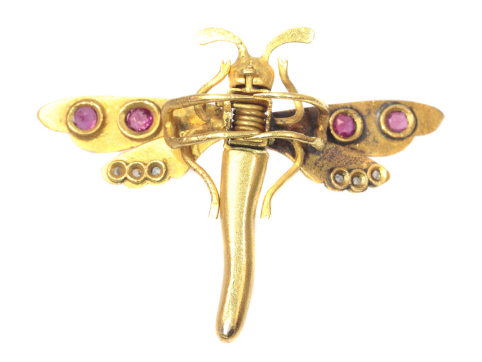 Antique Victorian hair clip brooch 18K gold dragonfly rose cut diamonds rubies by Unbekannter Künstler