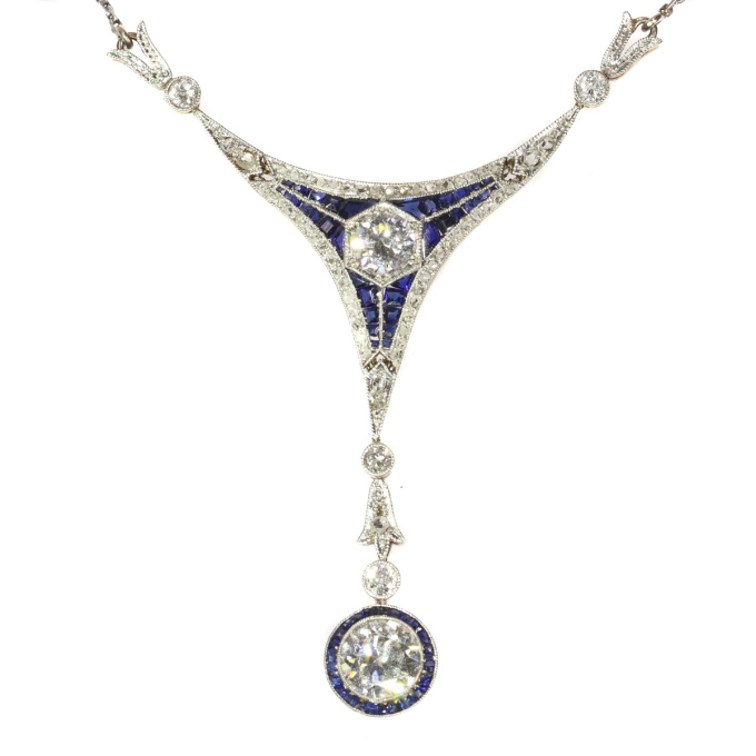 Art Deco Belle Epoque pendant with big brilliants and calibrated sapphires by Artiste Inconnu