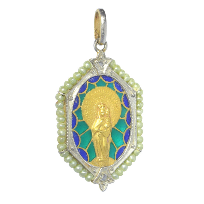 Vintage antique 18K gold Mother Maria and baby Jesus medal with diamonds and plique-a-jour enamel by Artiste Inconnu