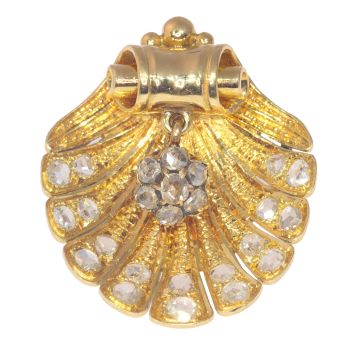 Vintage antique 18K gold shell brooch set with rose cut diamonds by Unknown artist
