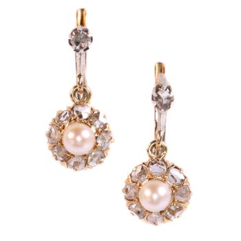 Vintage antique late Victorian earrings with rose cut diamonds and pearls by Unknown artist