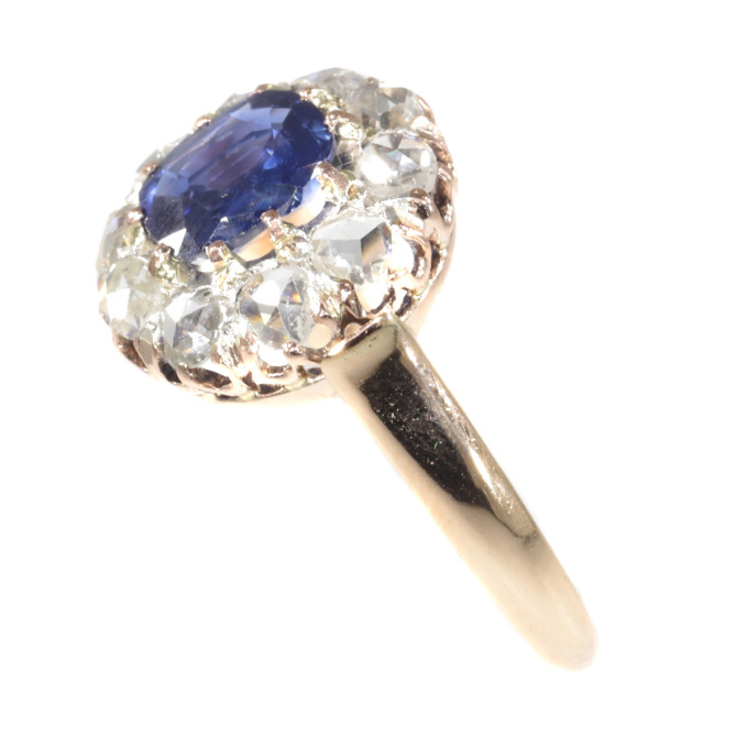 Victorian antique engagement ring with natural sapphire and ten rose cut diamonds by Artista Sconosciuto