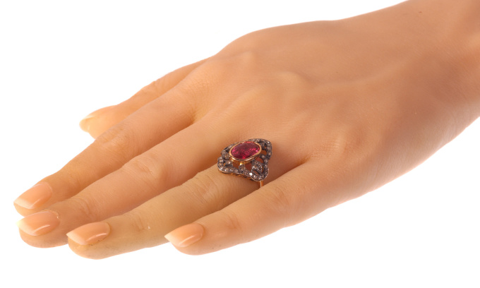 Vintage diamond ring with large rubelite by Unknown Artist