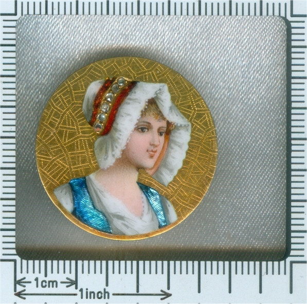 Antique Victorian brooch with enameled portrait of young French peasant girl by Artiste Inconnu