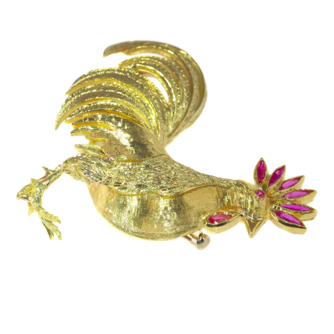 Vintage Fifties 18K gold brooch rooster with ruby comb by Artiste Inconnu