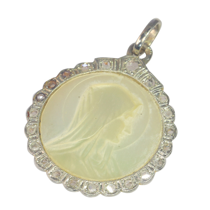 Vintage 1920's Art Deco diamond and plate of mother-of-pearl Mother Mary pendant by Unknown artist